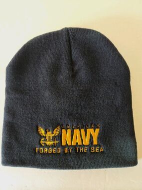 America’s Navy Forged By The Sea Beanie Hat Navy Blue Knit Made In USA Bayside